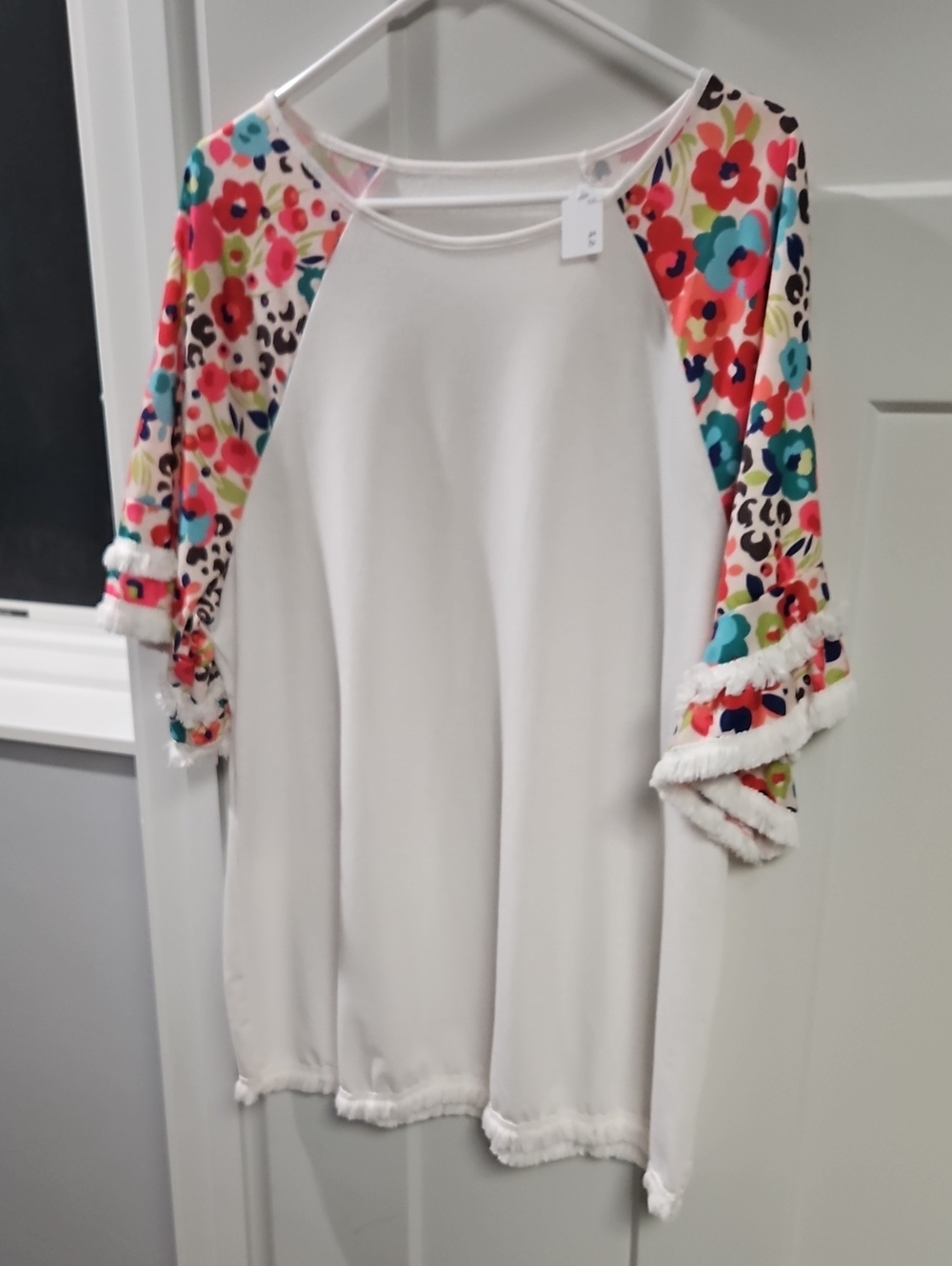 Women's Cream Tunic Blouse with Multicolor Floral Raglan Sleeves
